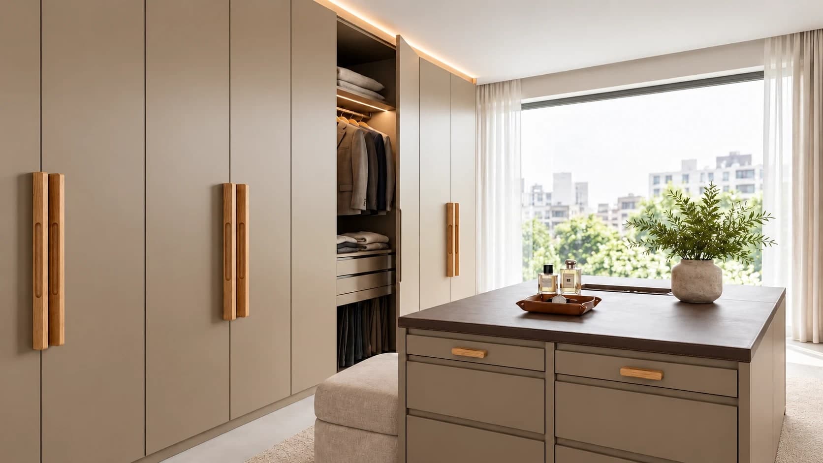 Cove wooden handles on dressing room wardrobe doors and drawers